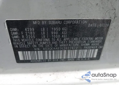 2019 Subaru Impreza 2.0I z USA, uszkodzony, nr VIN 4S3GKAA62K3623672